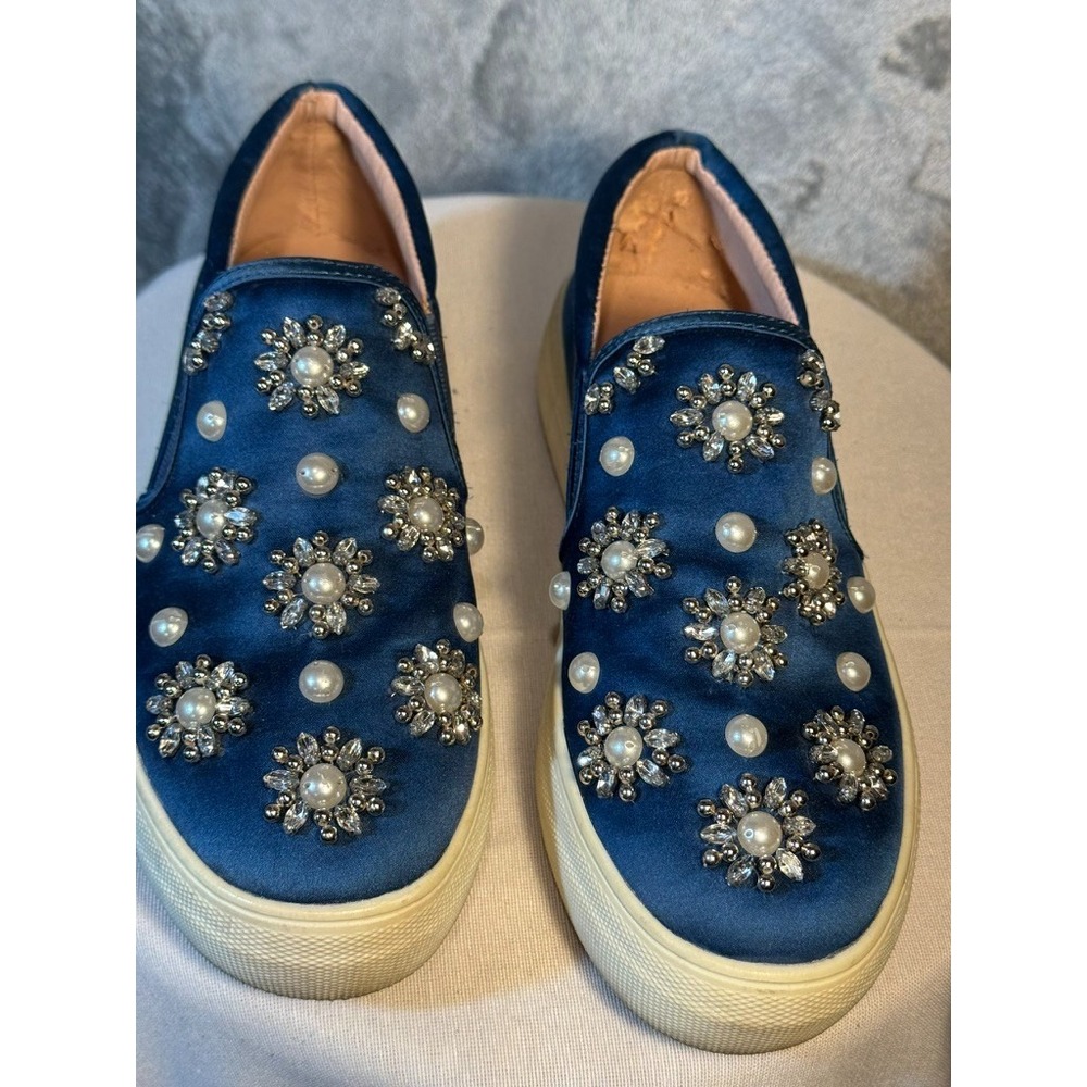 Topshop slip-on loafers 38 blue comfort shoes pearl embellished crystal preppy